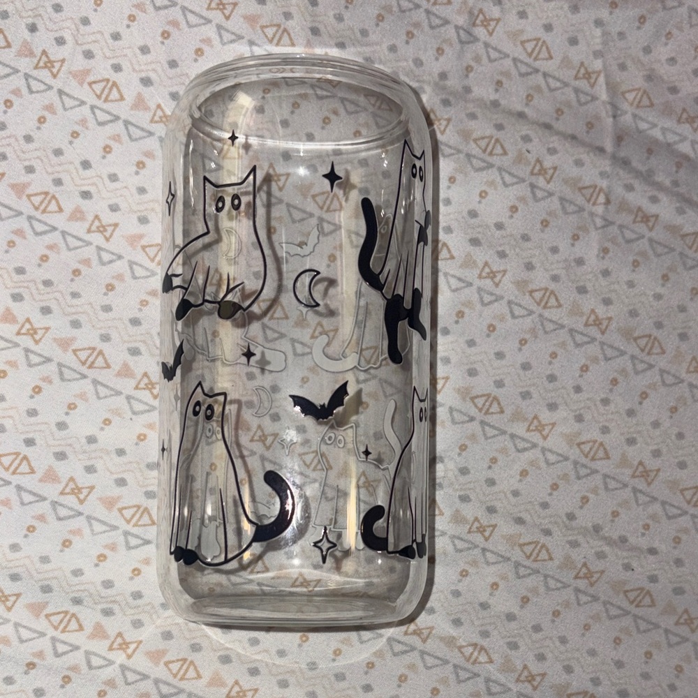 Whimsical Cat Design Glass Jar with Straw